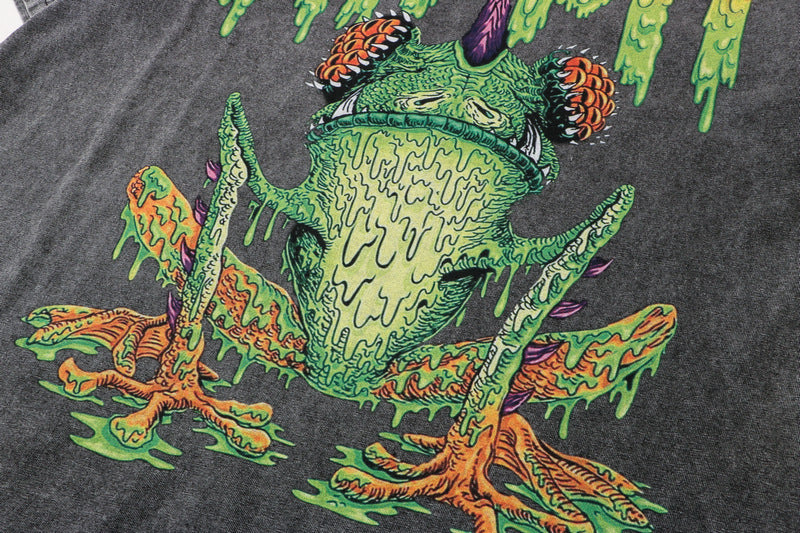 West Coast Hip Hop T-Shirt Washed Old Dark Frog Half Sleeve