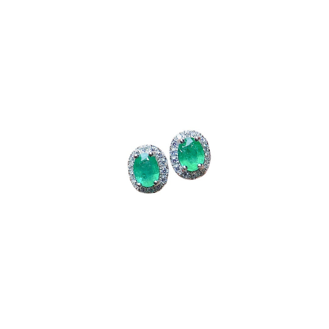 Natural Emerald Stud Earrings S925 Silver Inlaid Main Stone