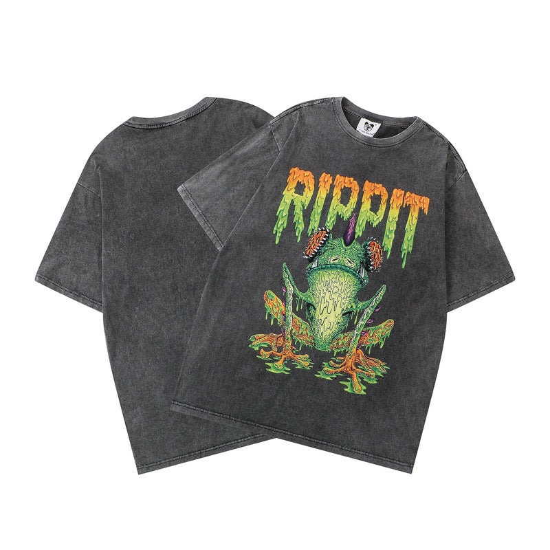 West Coast Hip Hop T-Shirt Washed Old Dark Frog Half Sleeve