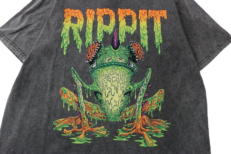 West Coast Hip Hop T-Shirt Washed Old Dark Frog Half Sleeve