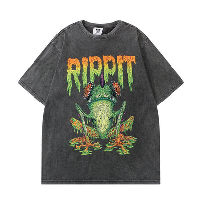 West Coast Hip Hop T-Shirt Washed Old Dark Frog Half Sleeve