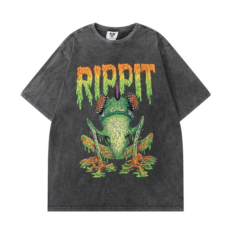 West Coast Hip Hop T-Shirt Washed Old Dark Frog Half Sleeve